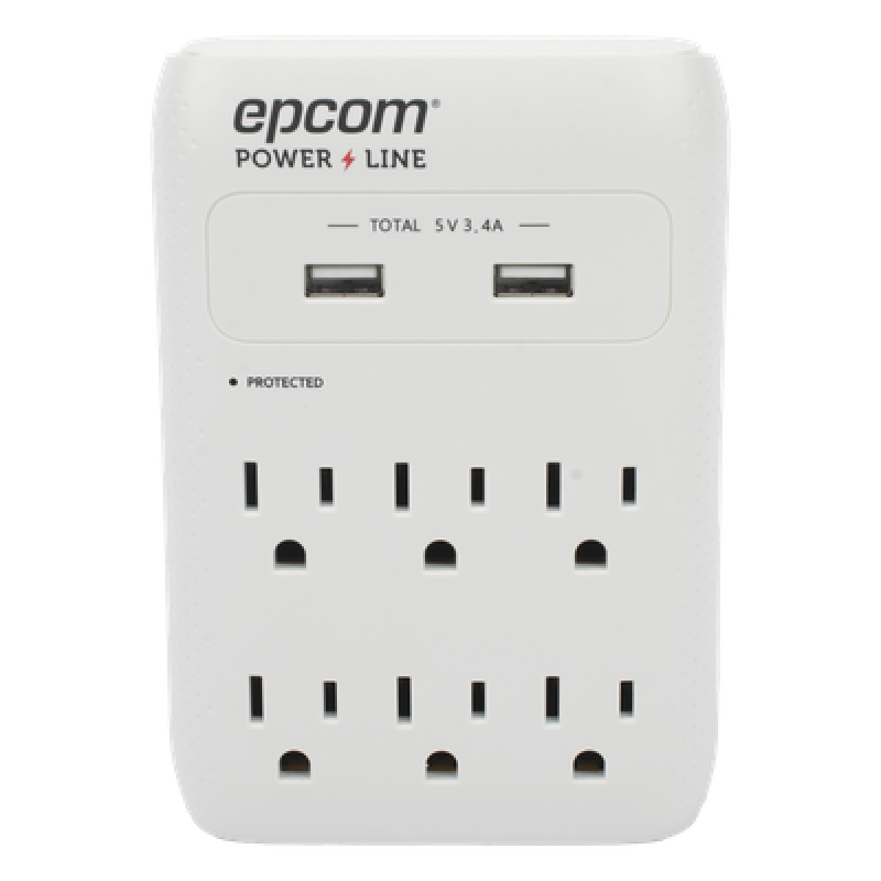 Multicontacto de Pared 110 Vca / Supresor de Picos 1080 Joules / 6 x Nema 5-15P / 2 x USB (5V @3.4A)