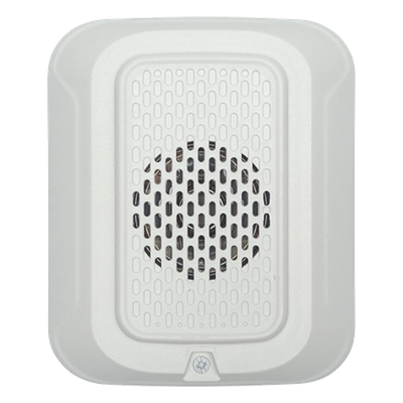 Sonorizador de baja frecuencia de 520 Hz para pared, 24 Vcd, cumple NFPA 72 en áreas de descanso, tonos temporal y continuo, color blanco