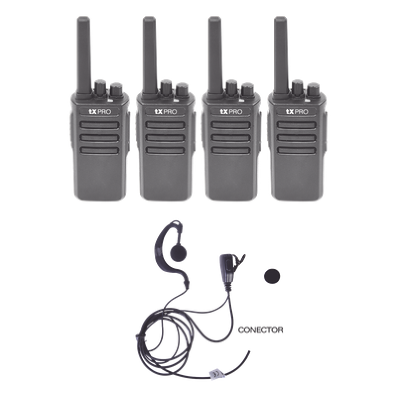 Kit de Radios UHF / 400-470 MHz / 5W / 16 Canales / 4 Unidades con Manos Libres