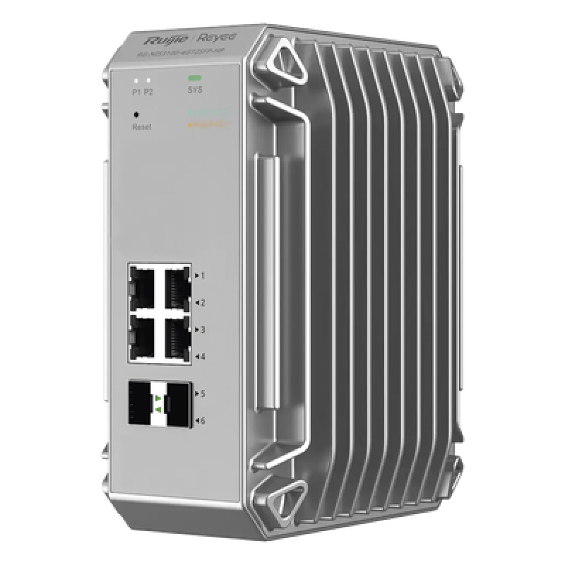 Switch Industrial PoE hasta , Ideal para temperaturas Extremas y protección contra descargas, 4 Puertos Gigabit PoE 802.3 af/at, 2 puertos SFP Administrable Cloud