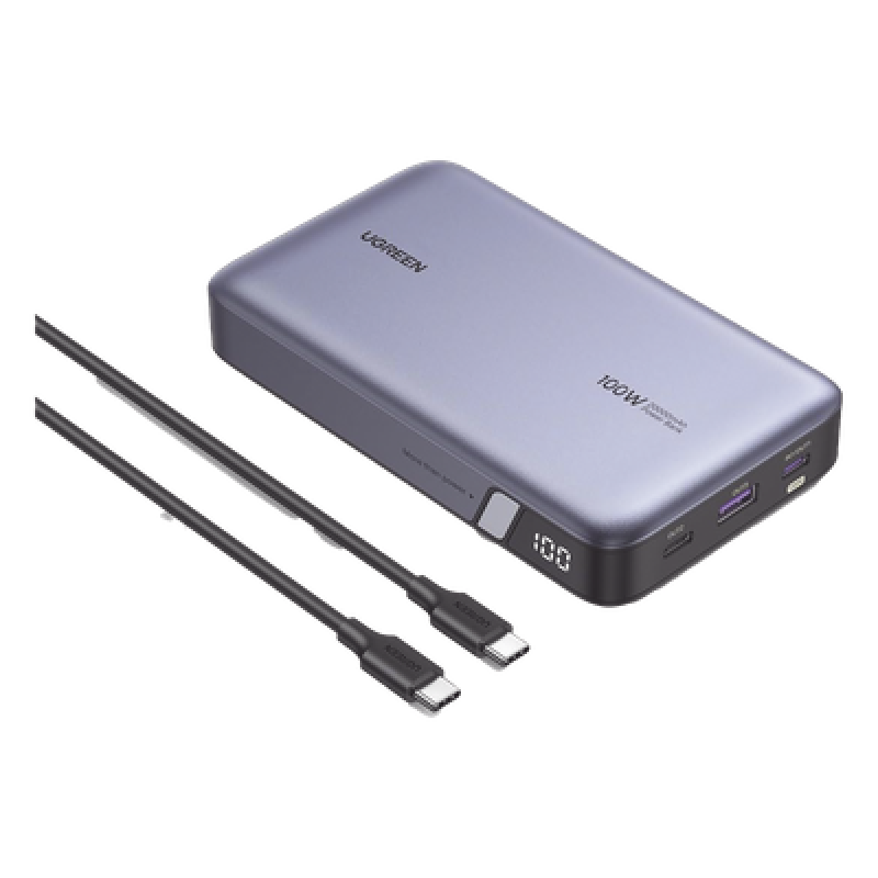 Power Bank de 20000mAh | 3 Salidas 100W Max. | USB-A + 2 USB-C | PD 3.0 | QC3.0 | FCP | SCP | Pantalla Inteligente | Carcasa Ignifuga | Color Gris | Incluye Cable USB de 50cm | Carga tu Laptop de Manera Segura.