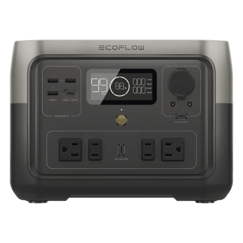 EcoFlow River 2 Max | Estación de Energía Portátil 512Wh Litio LFP / 4 AC 500 W (Max. 1000W) / 1 USB-C 100W / 3 USB -A 12W / Cargador de Coche 8A a 12 o 24V / Conectividad WiFi y Bluetooth (App) / Carga Solar 220W Max.