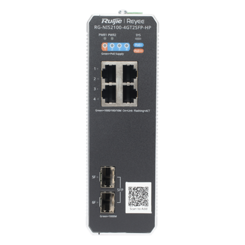 Switch Industrial PoE+ hasta 180 watts , Ideal para temperaturas Extremas y protección contra descargas, 1 puerto PoE++ 60W y 3 puertos PoE+ 30W, 2 SFP Uplink