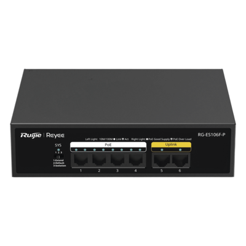 Switch PoE+ / 6 Puertos 10/100 Mbps / 54W PoE Total / No Administrable / Sin Ventilador