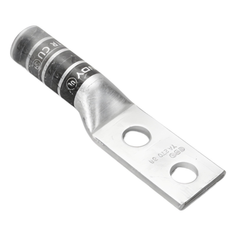 Zapata Terminal de Compresión de Barril Largo con Doble Ojillo para Tornillo 1/4" y Cable 6 AWG / Espaciado de 5/8".