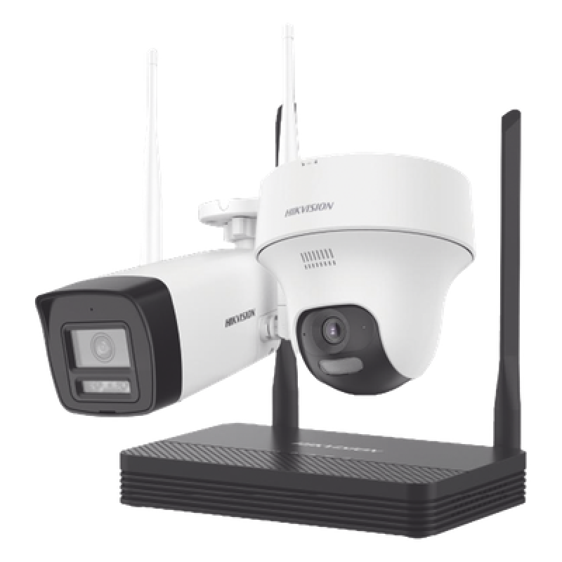 Kit IP Inalámbrico 2 Megapíxel / NVS 4 Canales / 1 Cámara Bala Exterior + 1 Cámara Turret Interior con Lente 2.8 mm y Dual Light / Audio Bidireccional (Micrófono y Bocina) / Soporta Micro SD de 512 GB