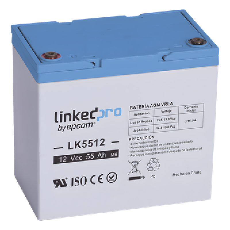 Batería de Respaldo AGM-VRLA / 12 V / 55 Ah / Vida Útil 5 Años / Terminales T2 / Certificación UL