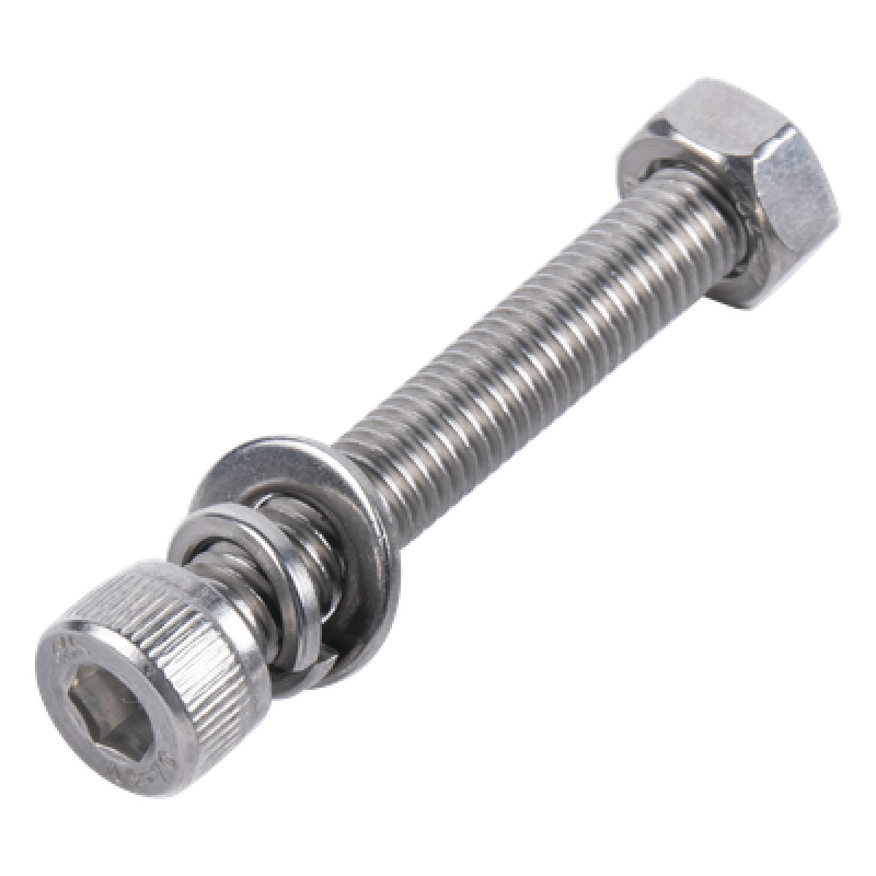 1 Tornillo Allen Milimétrico de Acero Inoxidable M8-1.25 x 25 / 1 Pza. /Con 1 Tuerca, 1 Arandela de Presión y 1 Plana / Para Montajes de Módulos Foto Voltaicos .
