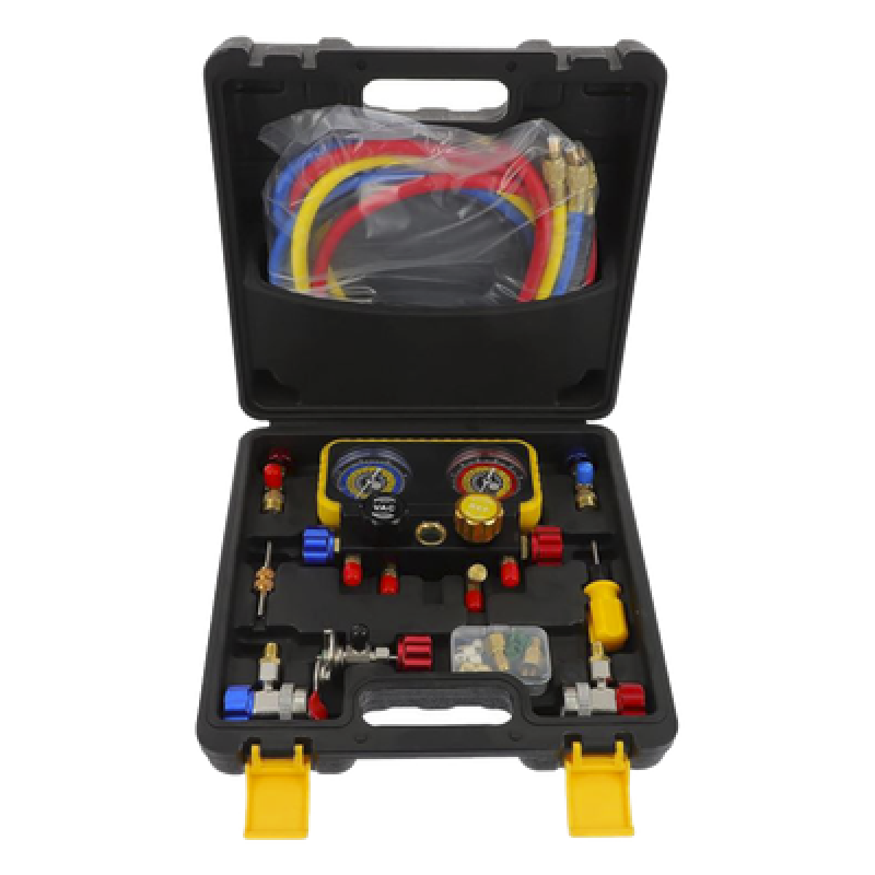 Manómetro de 4 Vías / Refrigerantes R410A R32 R134A R22 / Cuerpo Cobre y ABS / Con Accesorios