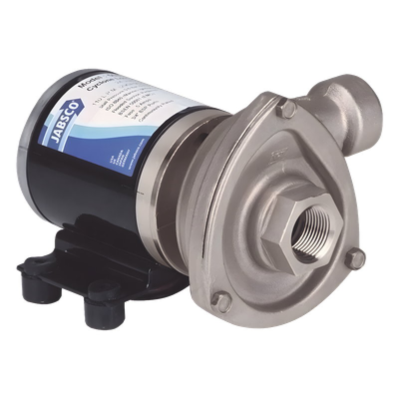 Bomba centrifuga Cyclone de baja presión a 12 Vcd, caudal de hasta 29 GPM, presión máxima de 8.7 psi, en acero inoxidable.
