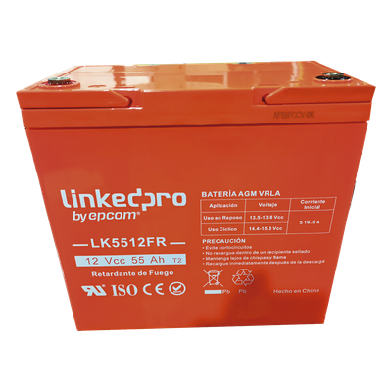 Batería de respaldo 12 V | 55 Ah | AGM | Certificada UL94-V0 Retardante a la Flama | Especial para Seguridad Electrónica | UPS | Sistemas de emergencia | Vida útil 5 años | Terminales T2