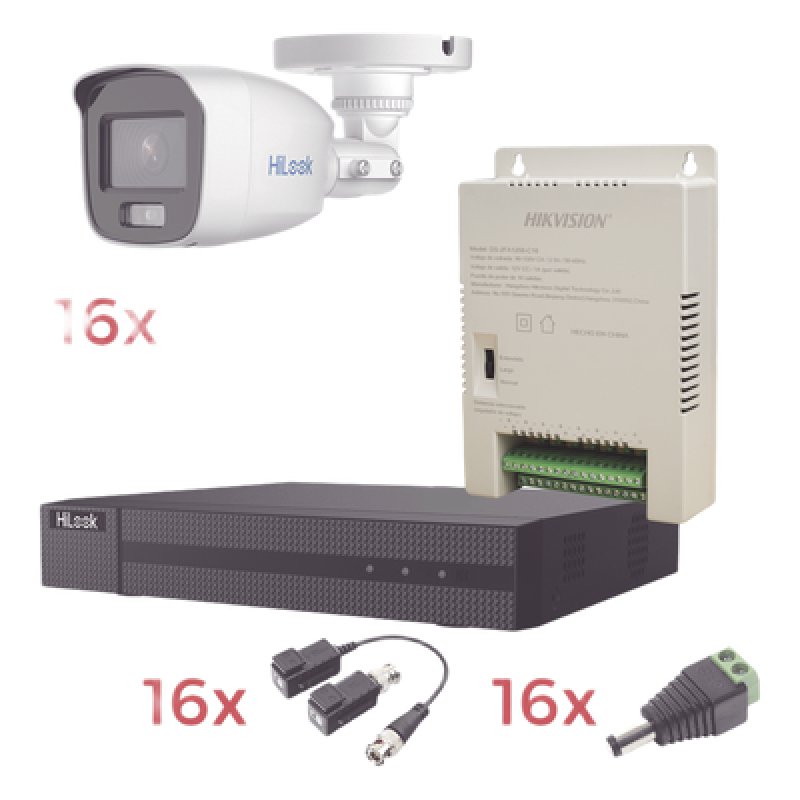 Kit TurboHD 1080p Lite / DVR 16 Canales / 16 Cámaras Bala Exterior ( 2.8mm) con ColorVu + Micrófono Integado / Transceptores / Conectores / Fuente de Poder Profesional