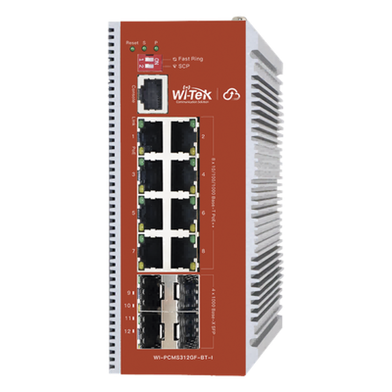 Switch PoE Industrial L2+ / 8 Puertos 100/1000 Mbps / 4 SFP Gigabit / 460 W / Cloud-Web-CLI / ERPS / -40 a 75 °C