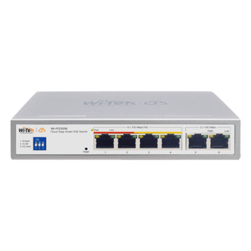 Switch PoE / 4 Puertos 10/100 Mbps PoE af/at / 2 Puertos Uplink 10/100 Mbps / Presupuesto 60 W / Alcance PoE 250 m (820.2 ft) / ONVIF