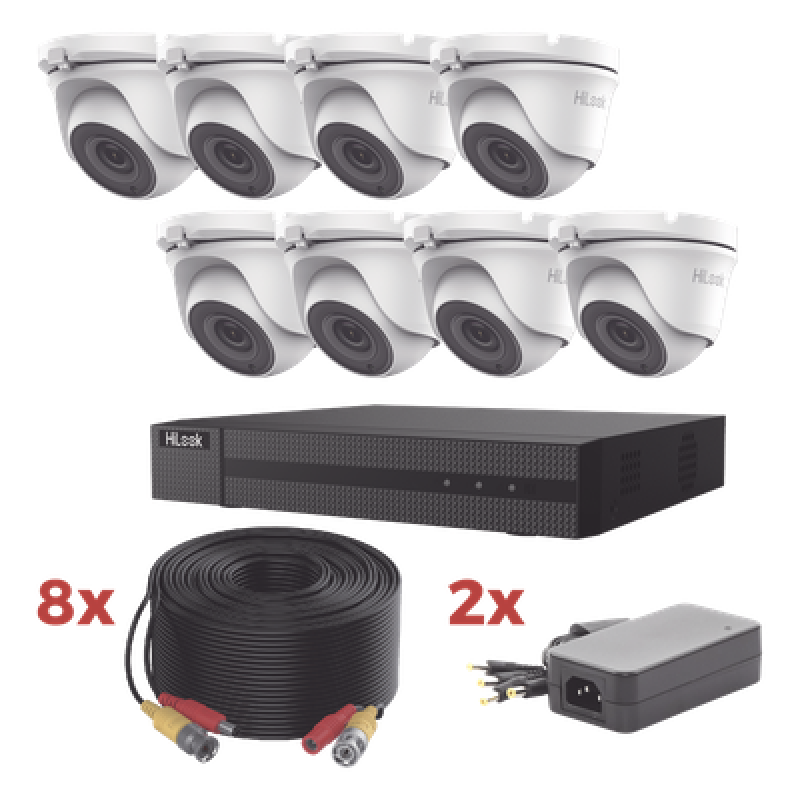 Kit TurboHD / DVR 8 Canales 1080p Lite / 8 Cámaras turret 1080p metalicas / 8 cables de 20 metros / 2 fuentes de 4 canales