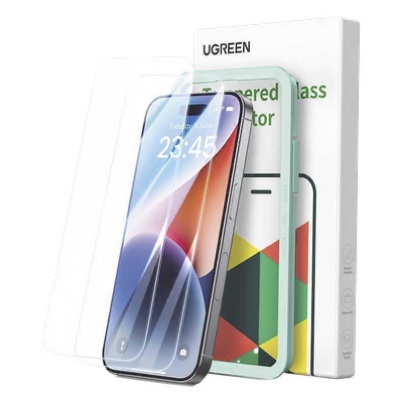 Protector de pantalla UGREEN HD con marco de instalación para iPhone 15/16 (paquete de 2)