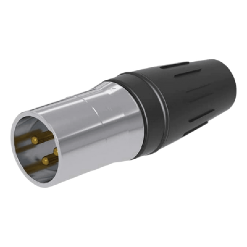 CONECTOR MACHO XLR DE 3 NÚCLEOS CON CARCASA DE ACERO INOXIDABLE Y CONTACTOS CHAPADOS EN ORO