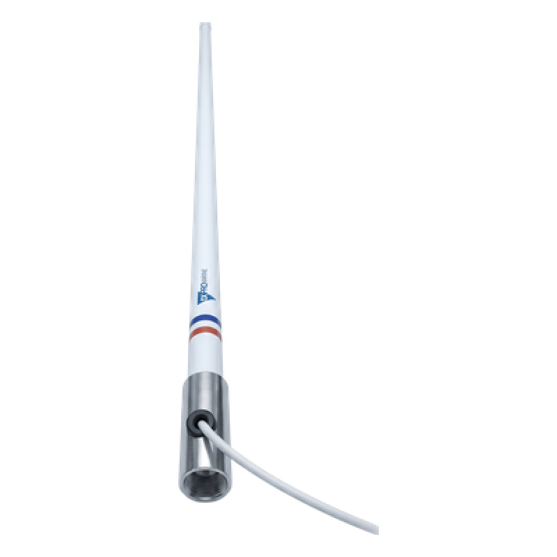 Antena Marina VHF / Fibra de Vidrio / 156-163 MHz / 6 dBi / 2.4 m (7.9 ft) / Cable 10 m (32.8 ft) / Base Acero Inoxidable