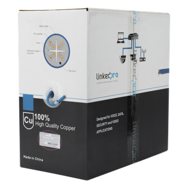 Bobina de Cable de 305 Metros (1000 Pies) Cat6+, CMR, Calibre 23 Alto Rendimiento, ETL, UL, Color Azul, Super Flexible, para Aplicaciones de Video Vigilancia, Video HD, y Redes de Datos. Uso Interior.