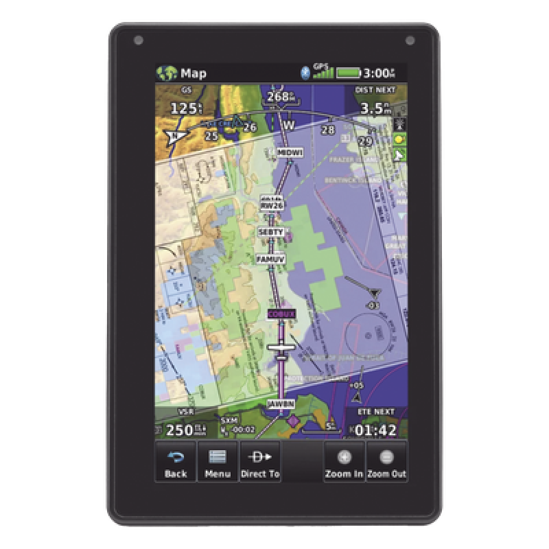 Navegador portátil aera 760, muestra información de trafico aéreo y una excelente visualización por medio de su pantalla con visión 3D touch screen.