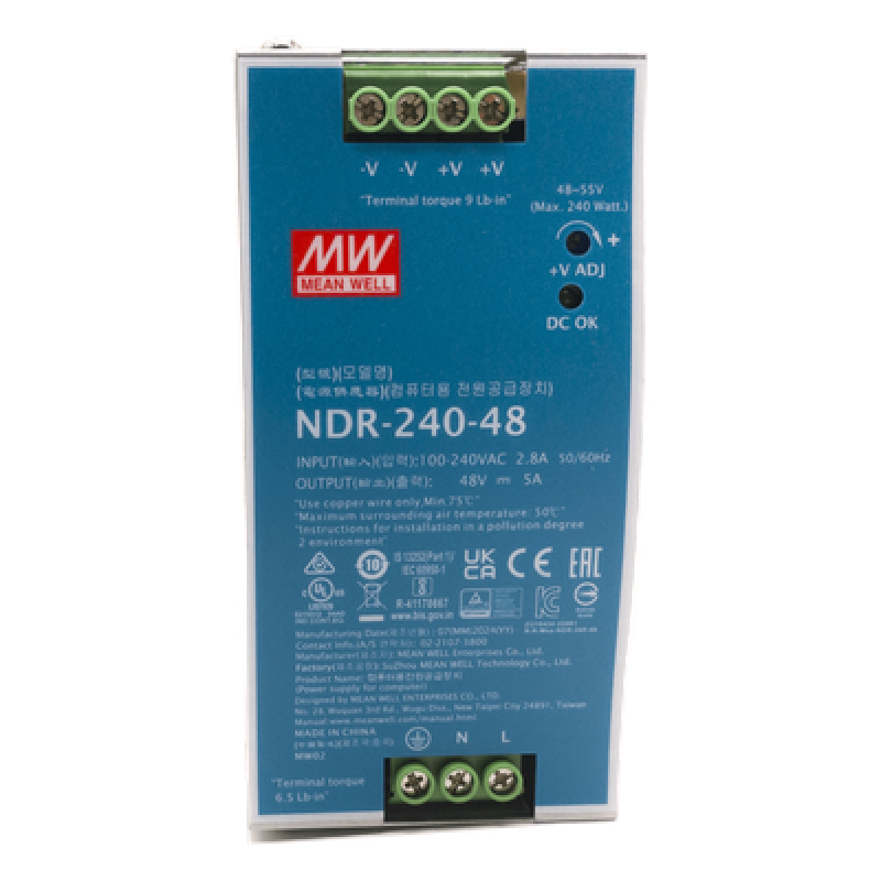Fuente de Poder Industrial / 240 Watts / 48 VCD / 5 Amp / Montaje Riel DIN / 88.5% Eficiencia / 2.48 x 4.47 x 4.93 pulgadas