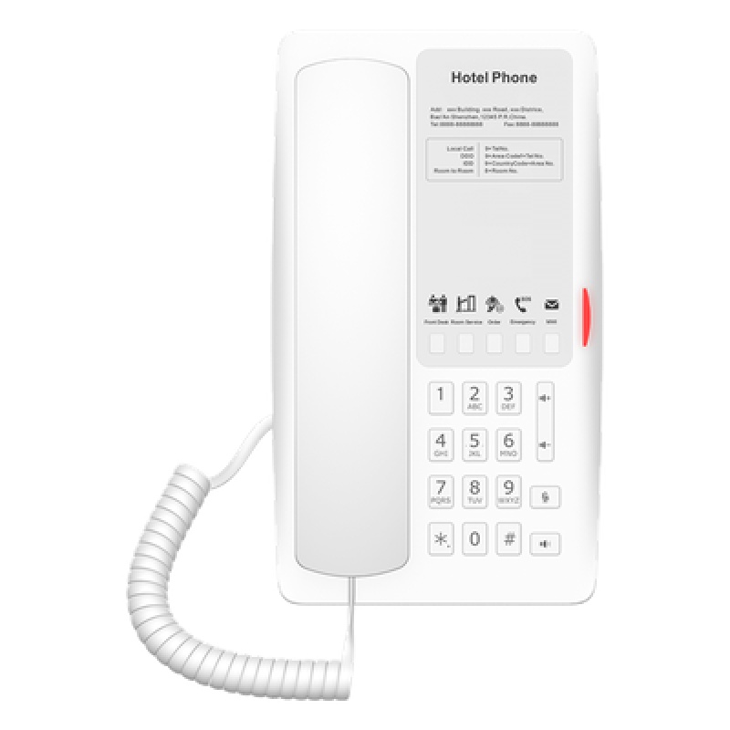 Teléfono IP Hotelero / 2 Líneas SIP / 5 Teclas Programables / Puerto USB-A de Carga / PoE 802.3af / Diseño Blanco / Audio HD Manos Libres