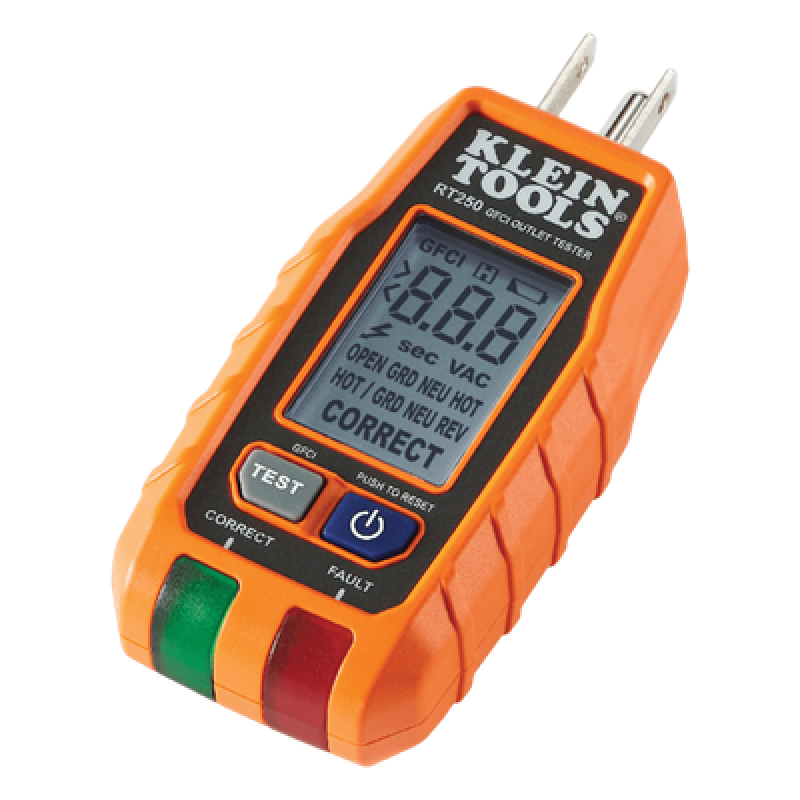 Probador de Tomacorrientes con Interruptor de Falla a Tierra (GFCI) con pantalla LCD.