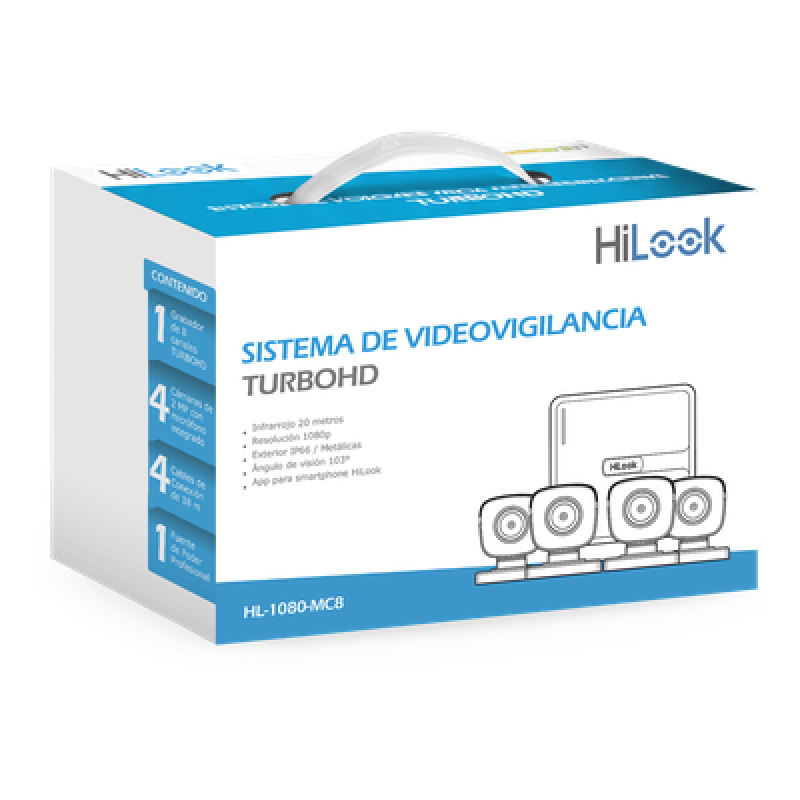 KIT TurboHD 1080p / DVR 8 canales con H.265+ / 4 Cámaras Bala Metálicas / Fuente de Poder / Accesorios de Instalación