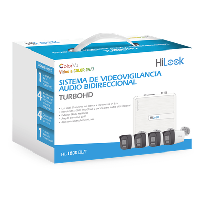 Kit TurboHD 1080p / DVR 4 canales / 4 Cámaras Bala de Policarbonato / Audio Bidireccional / Dual Light (IR + Luz Blanca) / H.265+ / 1 Fuente de Poder Profesional / Accesorios de Instalación