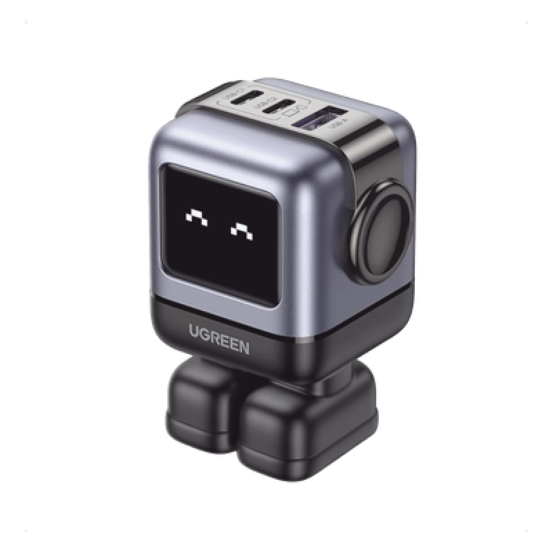 Cargador RobotGaN de 65W Serie UNO | 3 Puertos de Carga Rápida | 2 USB-C | 1 USB-A | PD 3.0 | QC 4.0 | Carga Inteligente | Tecnología GaN II | Zapato Magnético Extraíble | Carcasa Ignífuga | Pantalla LED