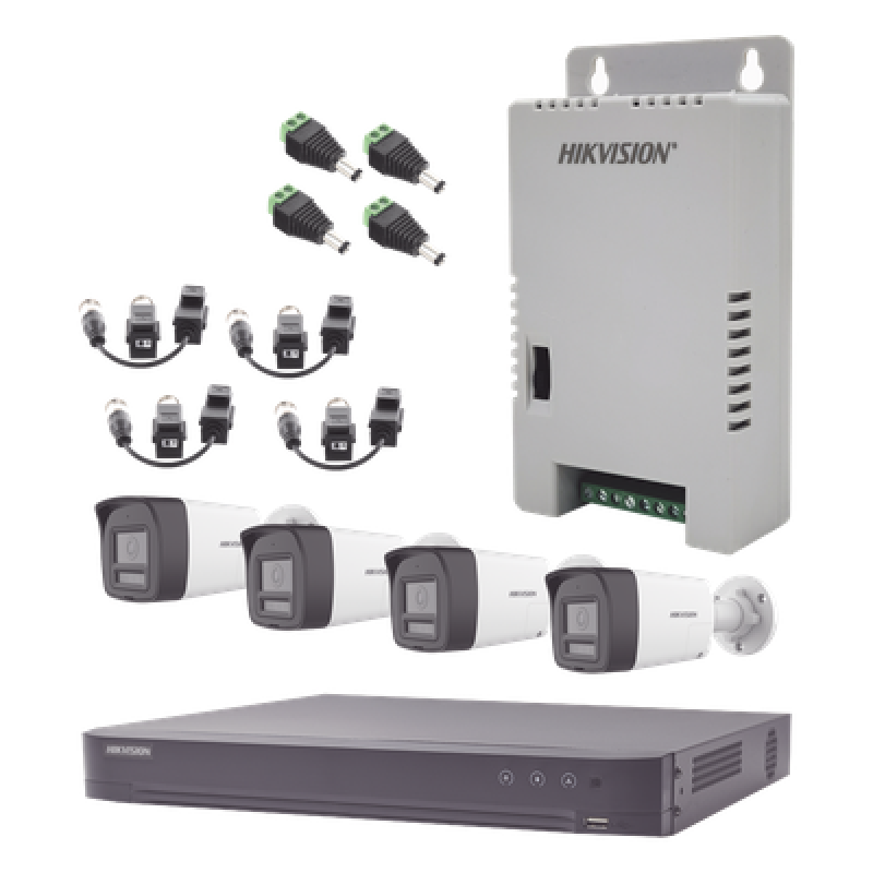 Kit Audio Bidireccional TurboHD 3K Real / DVR 4 Canales 4K / 4 Cámaras Bala (Exterior) con Bocina y Microfóno Integrado 3K / 1 Fuentes de Poder / Accesorios