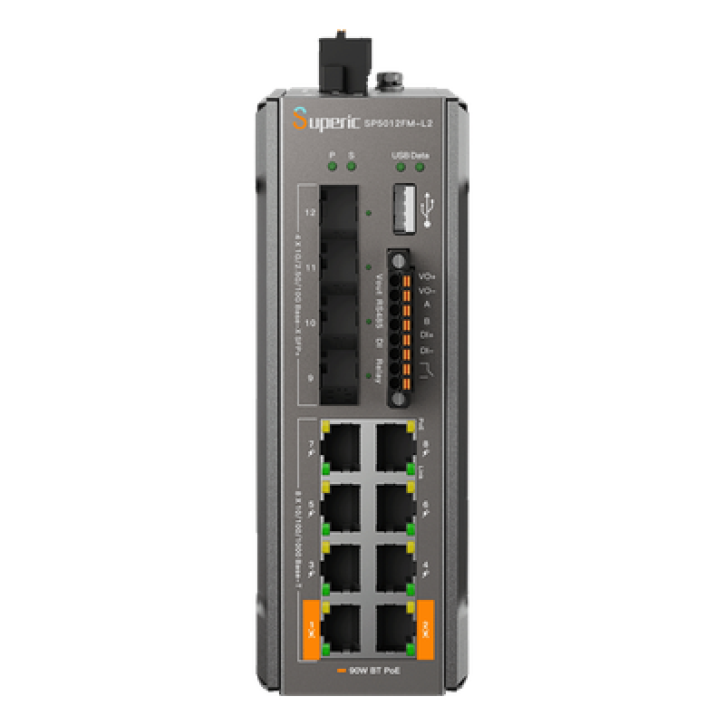 Switch PoE Industrial L2+ / 8 Puertos Gigabit PoE / 4 Puertos SFP 10G / Capacidad 96 Gbps / Presupuesto PoE 240 W / Rango -40 a 75 °C (-40 a 167 °F) / Sin Ventilador