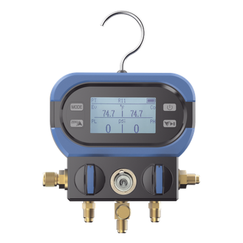 Manifold Digital DMAA 2 Válvulas / Sensor Digital Alta Precisión / Pantalla LCD Retroiluminada / Rango -14 a 800 psi (55 bar) / Compatibilidad Múltiples Refrigerantes / Diseño Anti-Caídas / Incluye 3 Mangueras y Adaptado