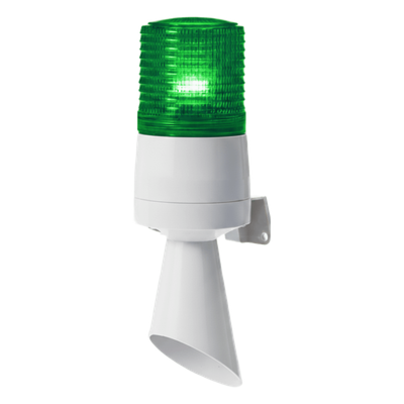 Luz LED con patrones de destello fijo y destellante con buzzer incorporado de alto volumen Máx. 95 dB color Verde 24 VCD
