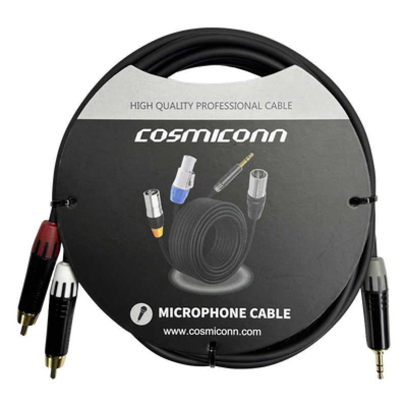 Cable 3.5mm a 2 RCA, conectores negros, con diferenciador de blanco y rojo en RCA MT380-RD - MT380-WH - MTP3C-BG, length 10m