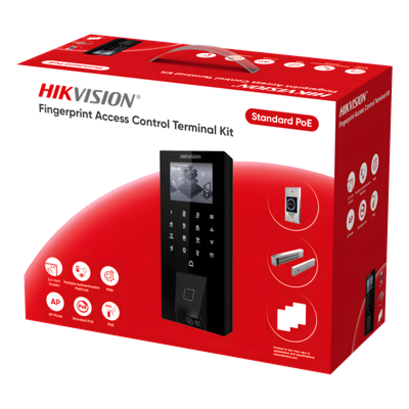 Kit Terminal Control Acceso Biométrico DS-KAS807 / Huella Digital / Códigos QR / 2.4" LCD / 5000 Huellas + 5000 Tarjetas / IP65 / Wi-Fi + PoE / Cerradura Magnética 272 kg / Botón Touchless
