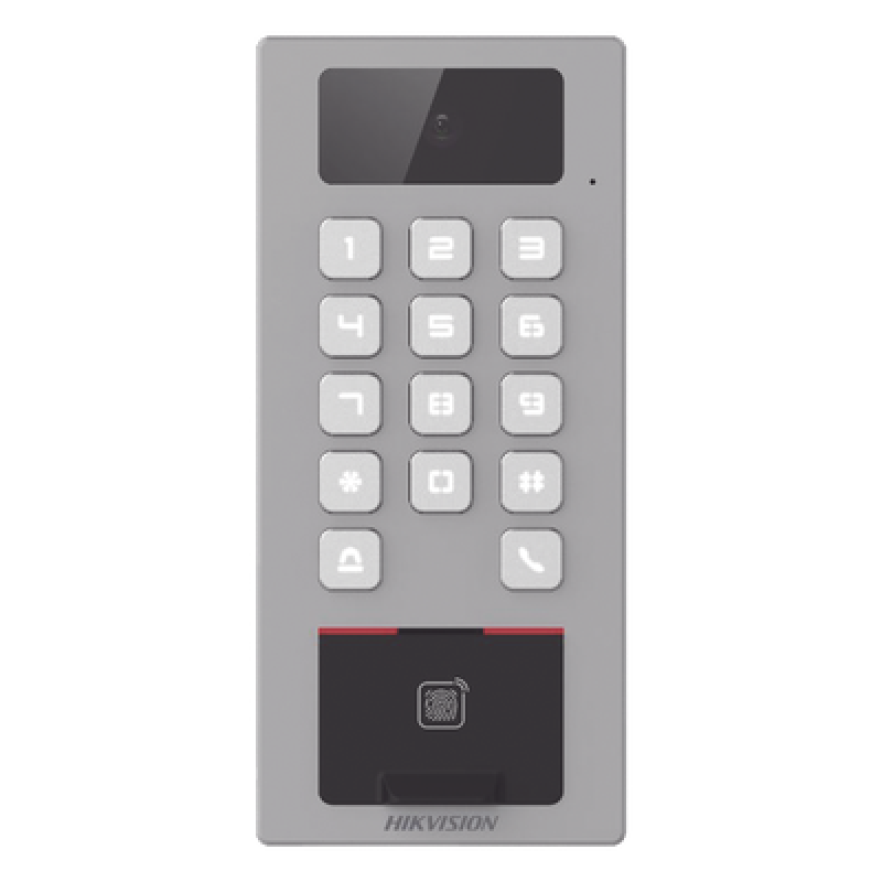 (PoE / 2 Relays) Terminal de Control de Acceso / Videoportero Multiapartamento Llamada a App / Teclado / Exterior Antivandálico IP65 & IK09 / Huella, Tarjeta, Código QR, PIN o App Hik-Connect / Cámara 2 MP compatible con NVRs