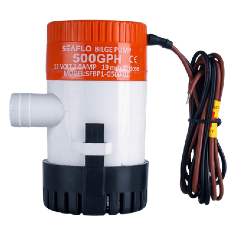 Bomba de Achique Sumergible SEAFLO SFBP1-G50-01 / 500 GPH (1,893 LPH) / 12V CD / No Automática / Protección Anti-Aire / Sellos Herméticos / Cableado Marino / Base de Filtro Removible
