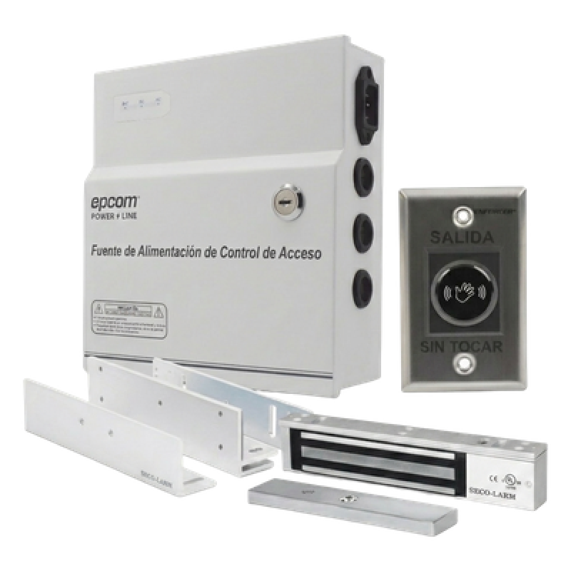 Kit de Control de Acceso / Fuente 12 VCD 5A / Chapa Magnética 600 lbs / Botón Sin Contacto / Montajes L y Z / Batería de Respaldo Opcional