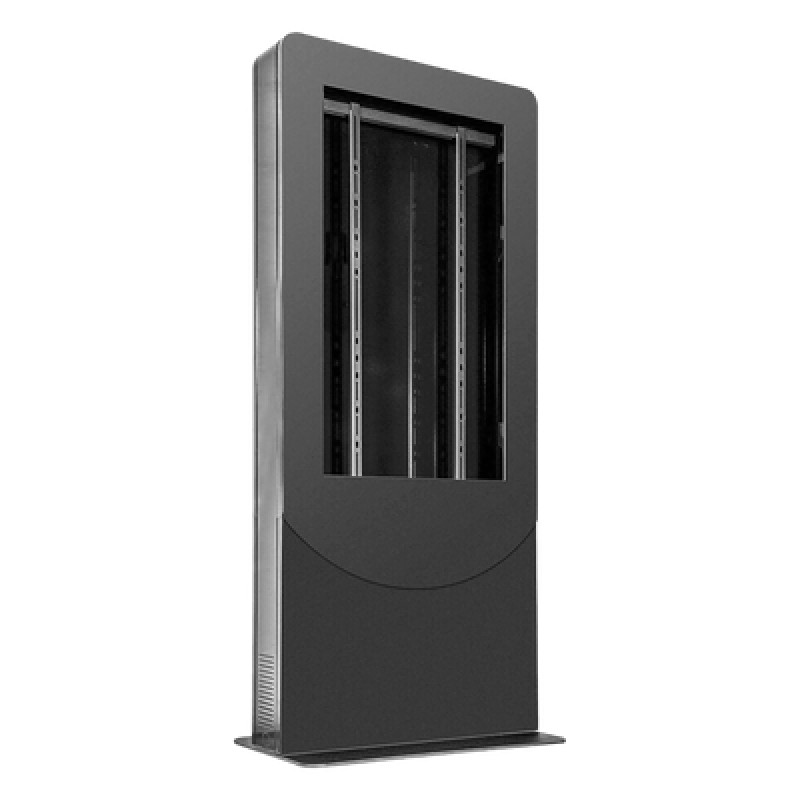 Kiosko tipo Vertical color negro para Pantallas 55" / Construcción Totalmente en Acero / Base Plana / 6 Tomas Eléctricas con Supresor de Picos / Ventilación Termostática / Capacidad de Carga 125-150 lb (56-68 kg)