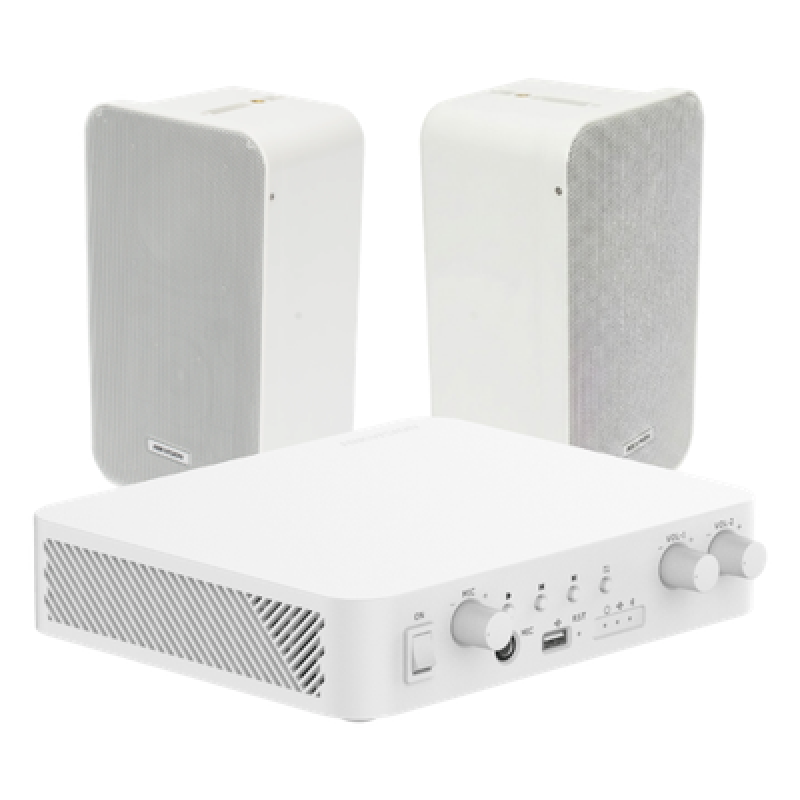 Kit de amplificador con bluetooth | 2 altavoces para pared | Sistema 100V | 2 Canales con Control de volumen Independiente | Música Ambiental