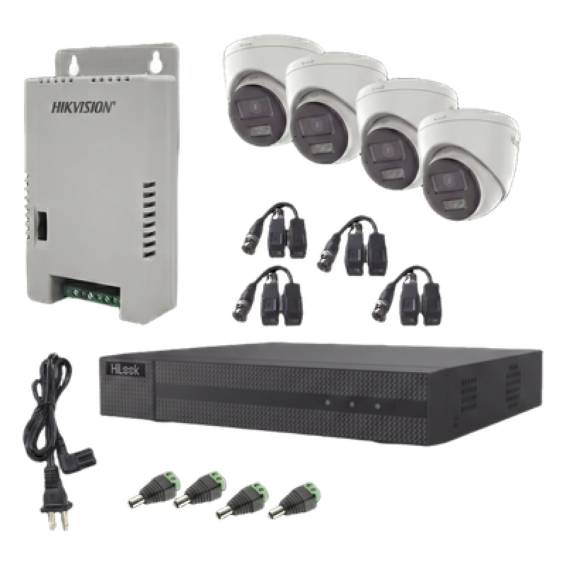 Kit HiLook Audio Bidireccional TurboHD 1080p / DVR Metalico 4 Canales / 4 Cámaras Eyeball (Exterior) con Bocina y Microfóno Integrado / 1 Fuente de Poder / Accesorios