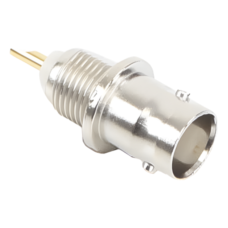 Conector BNC Hembra de Montaje Frontal D-Plano, Soldable, Rondana de Seguridad, Níquel/ Oro/ Delrin.