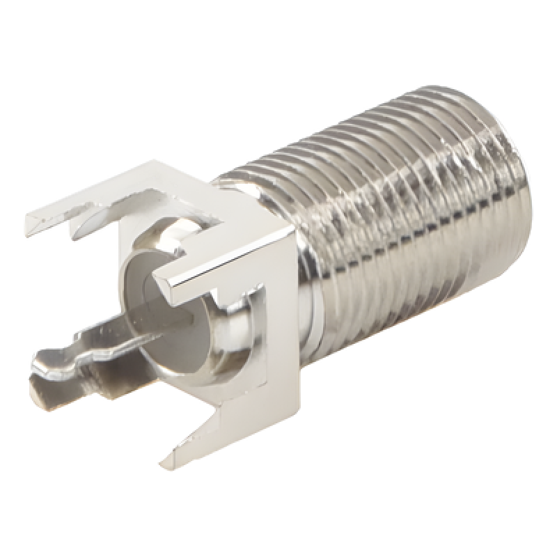 Conector F Hembra para PCB de Montaje Vertical, Níquel/ Estaño/ Polietileno.