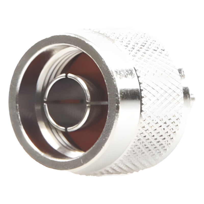 Conector RF N Macho / Anillo Plegable / Cuerpo Bronce Niquelado / Contacto Oro / Aislante Teflón / Cables RG-58/U, RG-142/U, LMR-195