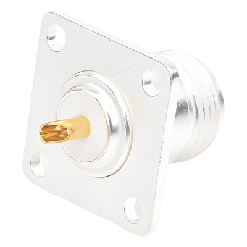Conector N Hembra para Montaje Frontal en Panel con 4 Perforaciones a 18 mm, Plata/ Oro/ Teflón.