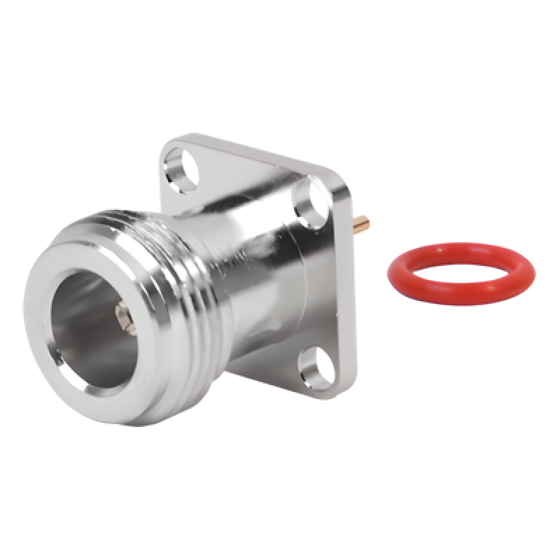 Conector N Hembra de Montaje de Panel con 4 perforaciones a 12.7 mm, soldable.