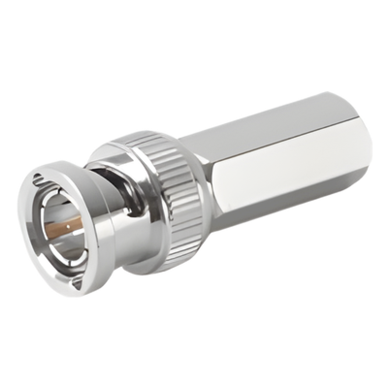 Conector BNC Macho de Ensamble Roscable (Hex.) en Sentido de las Manecillas de Reloj para Cable Coaxial RG-59/U, Níquel/ Oro/ Delrin.