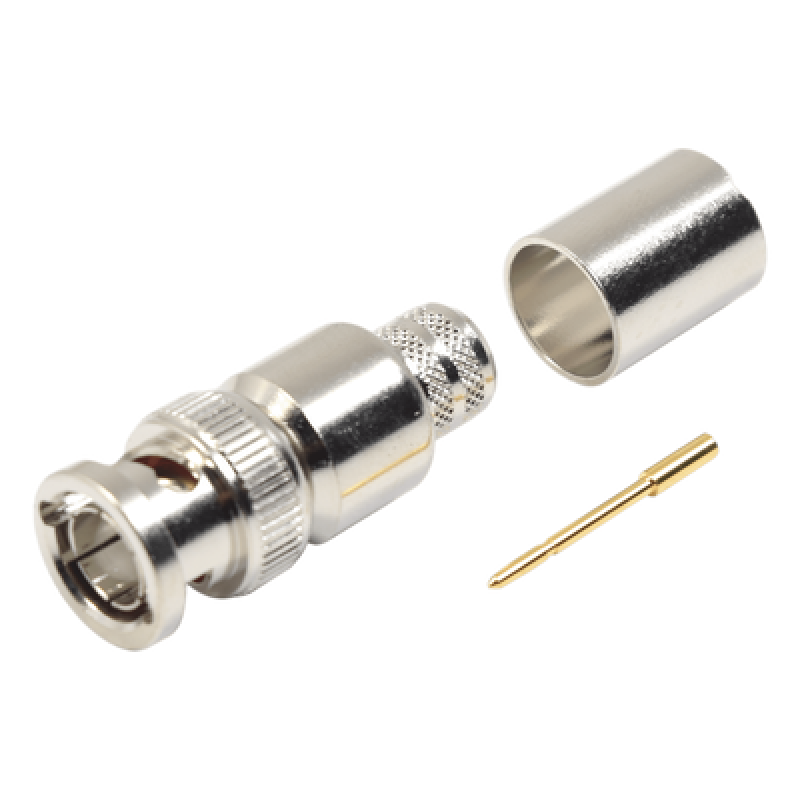 Conector BNC Macho de 75 Ohm, Anillo Plegable, para Cable 8238, RG-11/U, Níquel/ Oro/ Teflón.