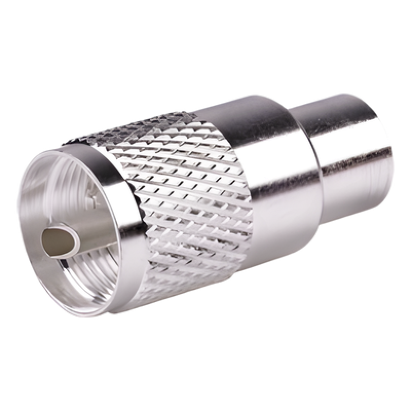 Conector Coaxial UHF Macho / PL-259 / Ensamble Roscado-Soldable / Para Cables RG-8/U, RG-213, RG-214, LMR-400, Belden 9913 / Cuerpo Bronce Plateado / Concha Níquelada